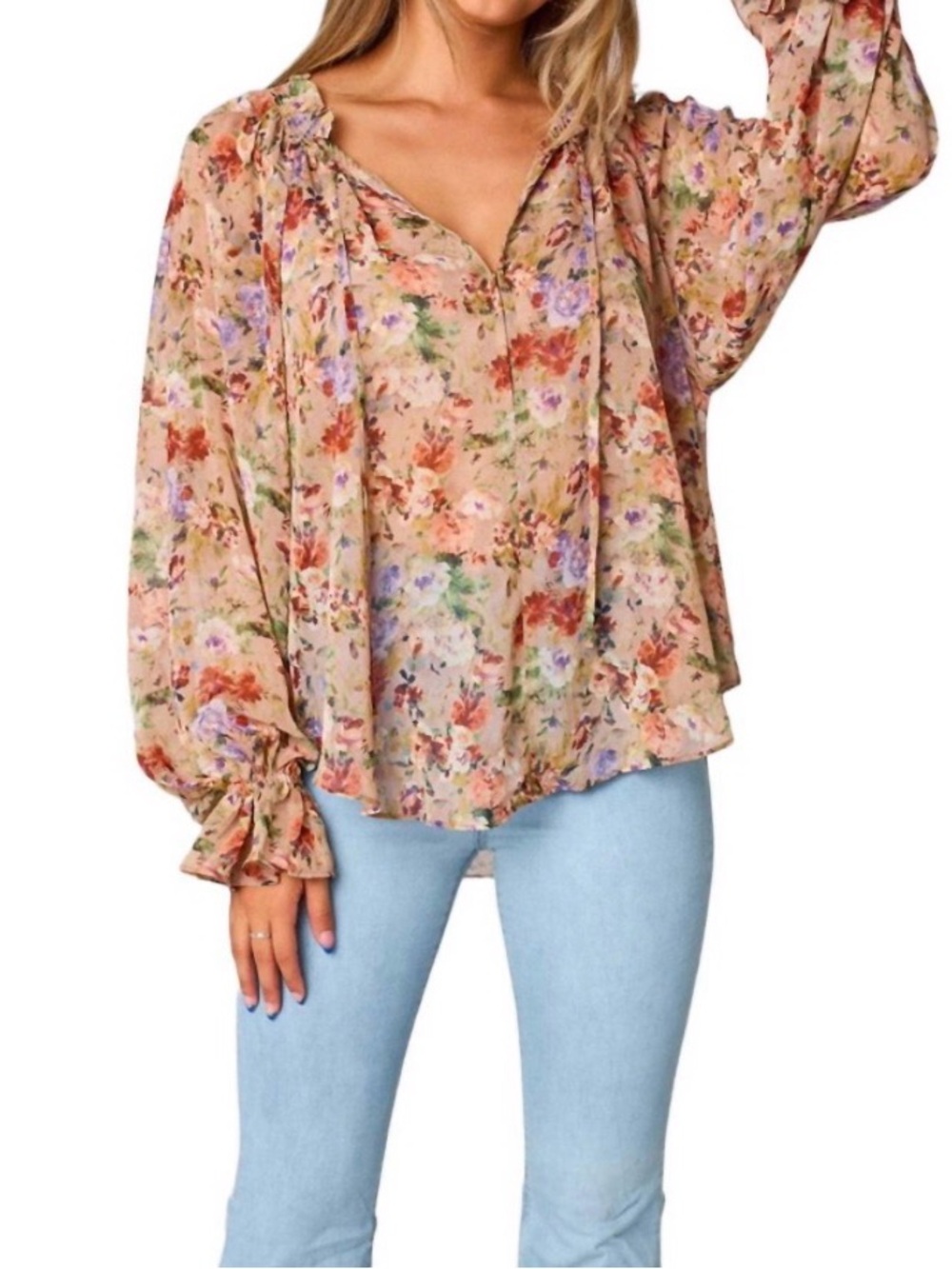 Buddylove Mandy‎ Long Sleeve Blouse Sheer Nude Multi Vintage Floral Boho Sz XS